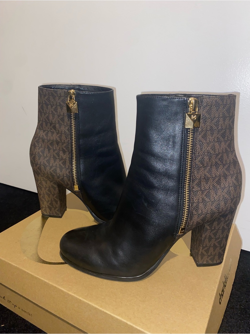 Michael Kors Black Leather & Brown Logo-Print Block Heel Ankle Boot
